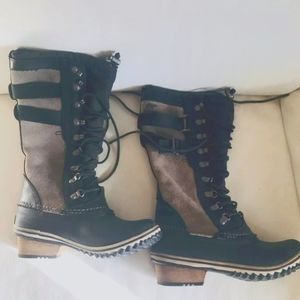 Sorel Womens Conquest Carly Duck Boots Brown Black Leather Waterproofed 7